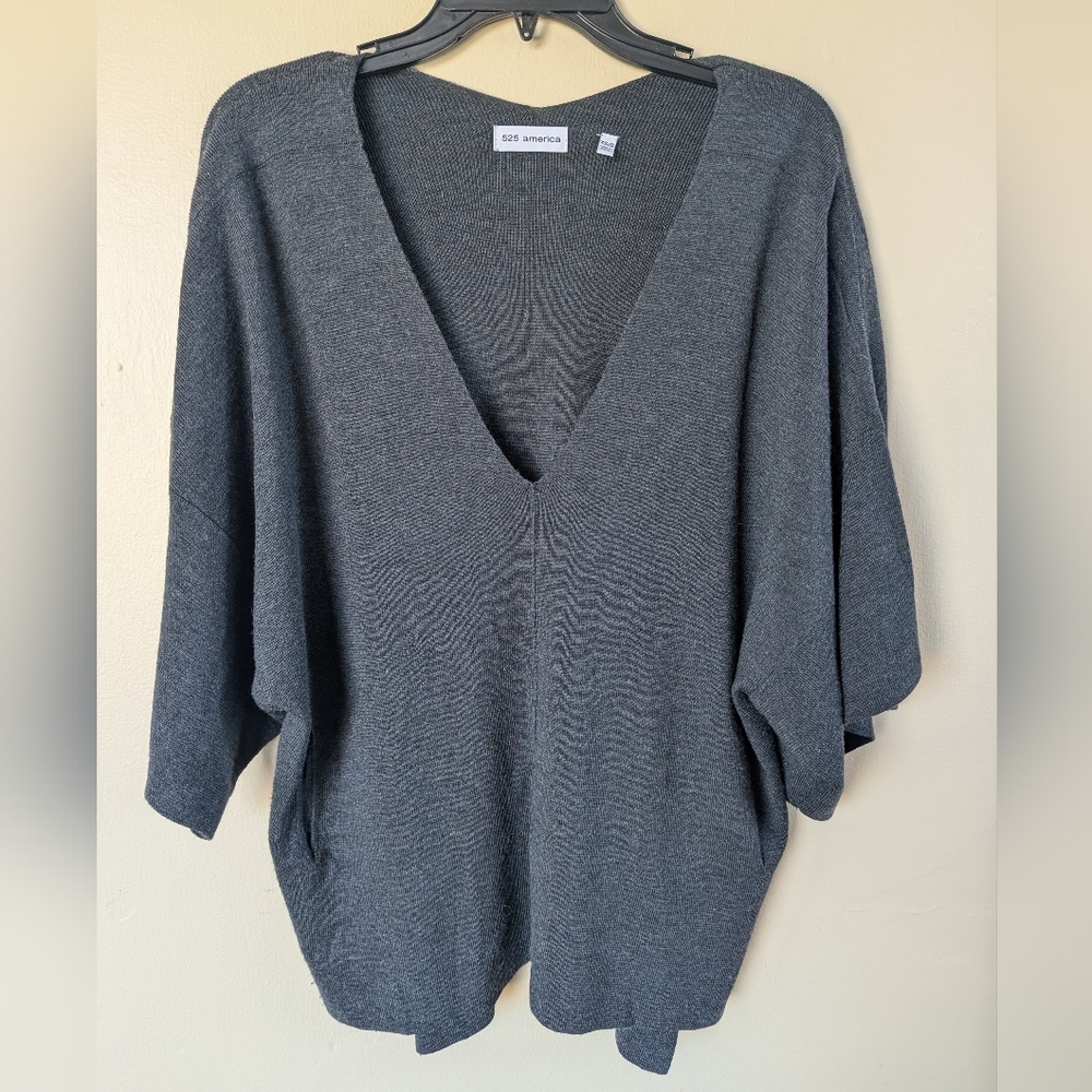 525 America Double Knit Low V Pocket Poncho, 100% Merino Wool, Gray (SIZE XS/S)